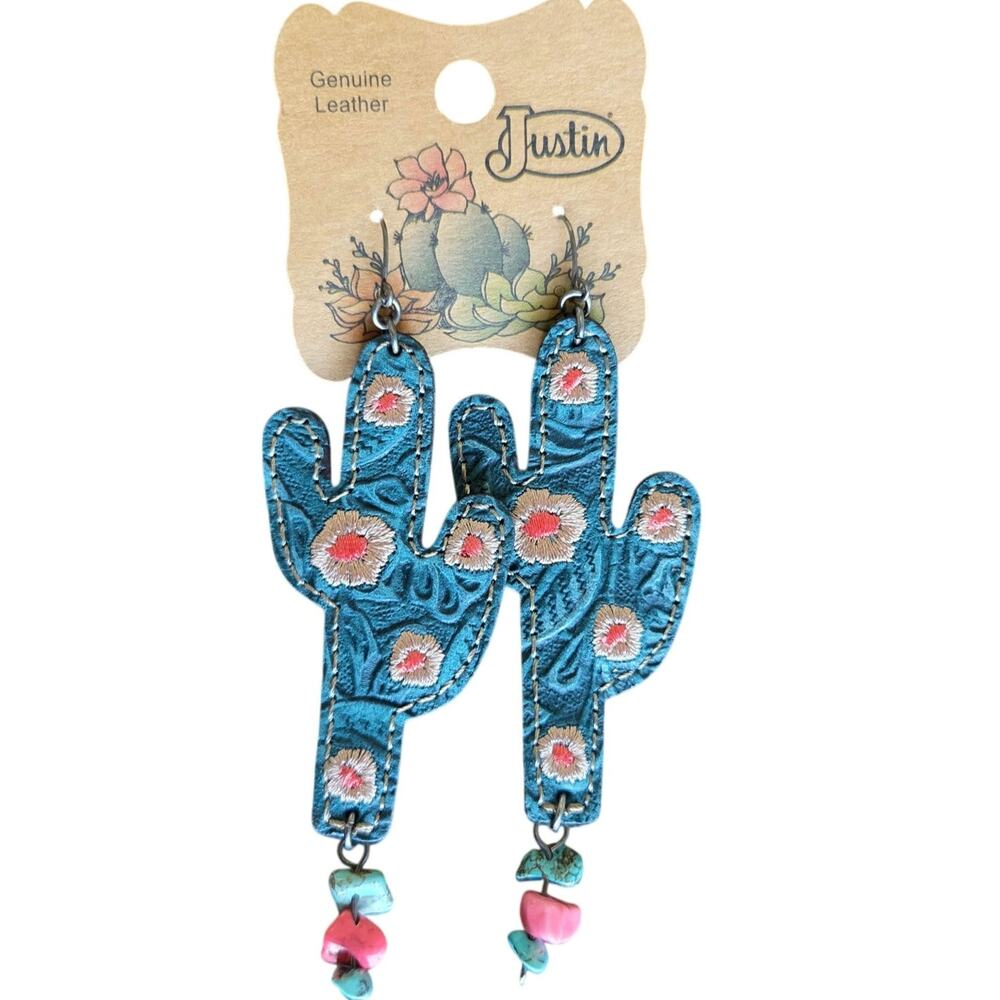 NWT Justin Leather Saguaro Shaped earrings turquoise embroidery western